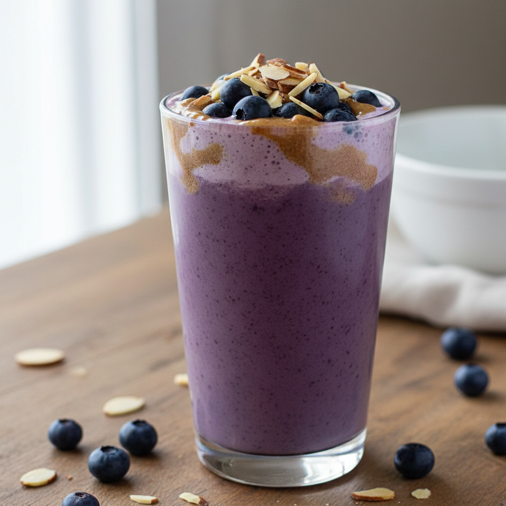 Smoothie poured in glass with toppings on