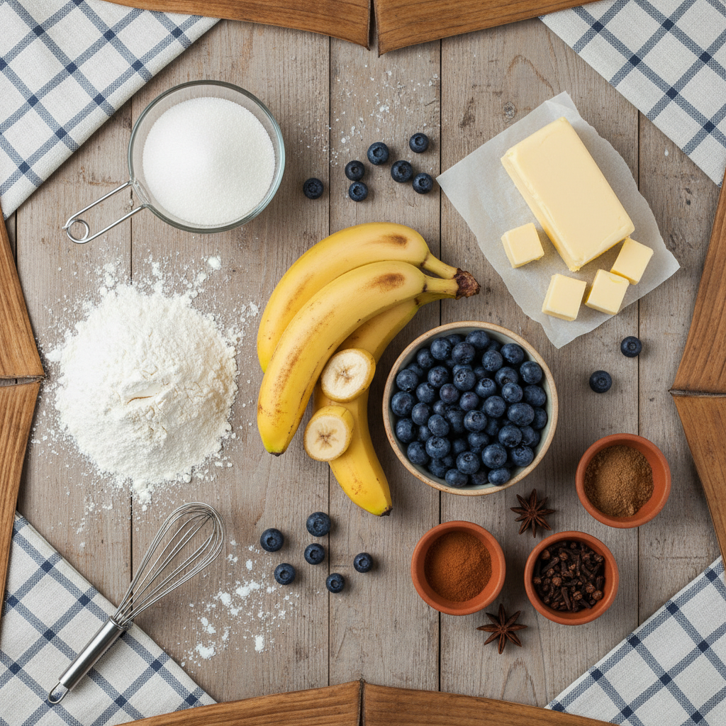 Ingredients for blueberry banana bread