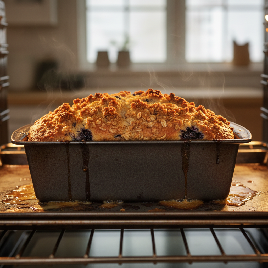 Warm, handmade banana bread with blueberries and crumb topping