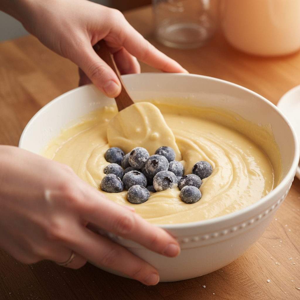 Blueberries being mixed into banana bread batter