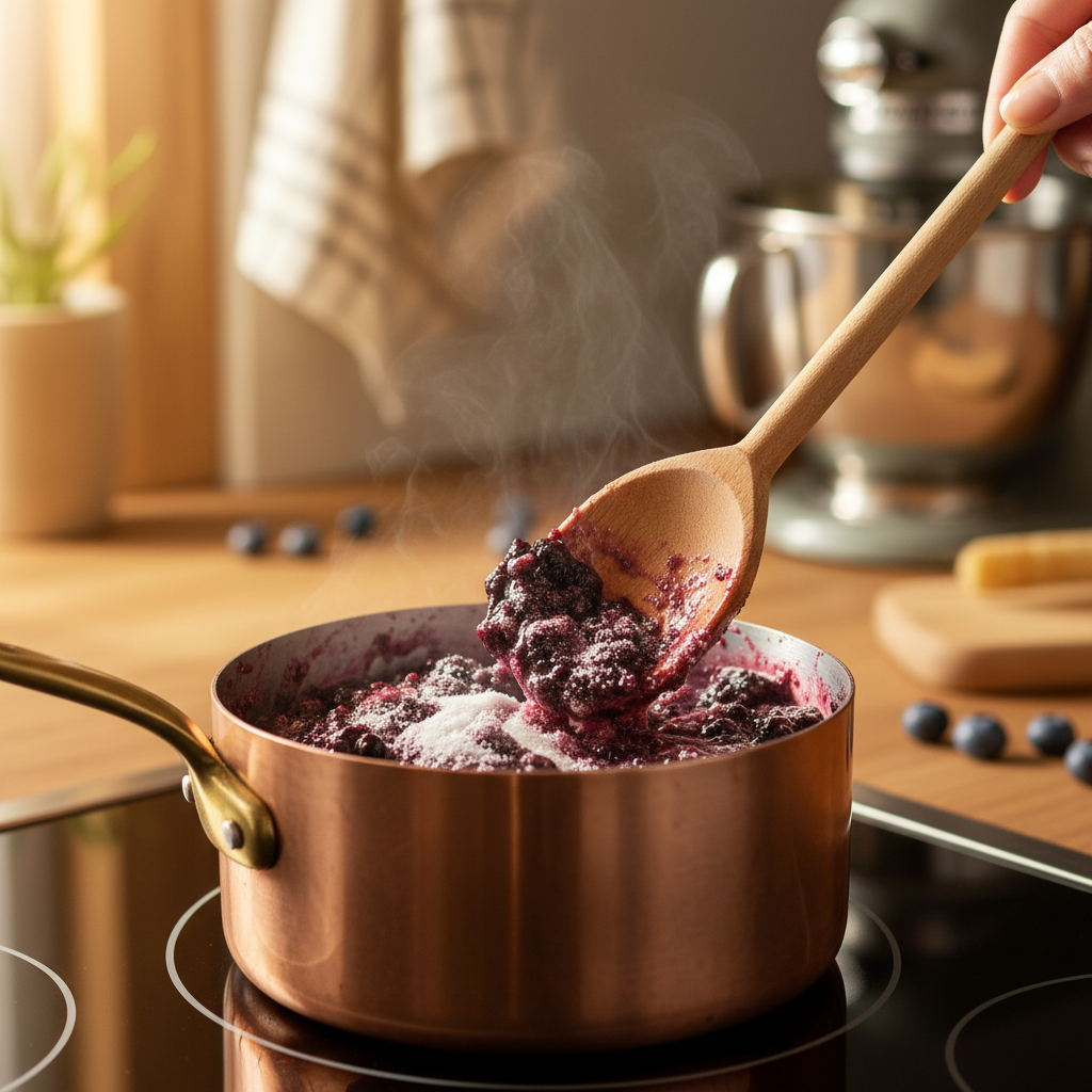 Blueberries cooking and being mashed