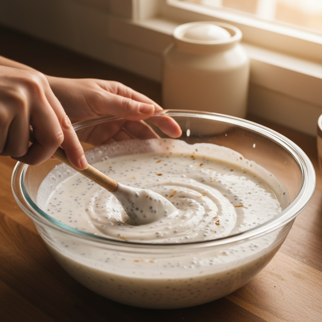 Mixing chia seeds with coconut milk