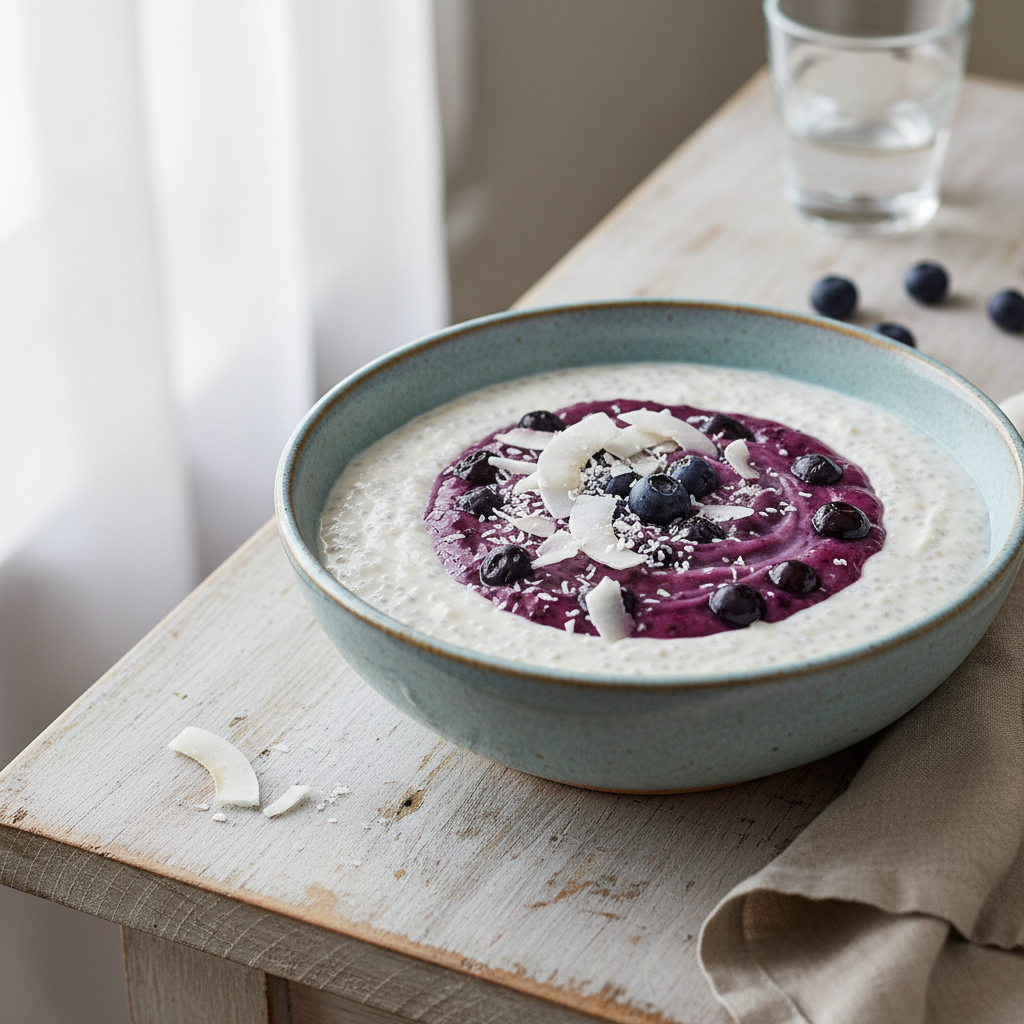 Blueberry Coconut Chia Seed Pudding served with toppings