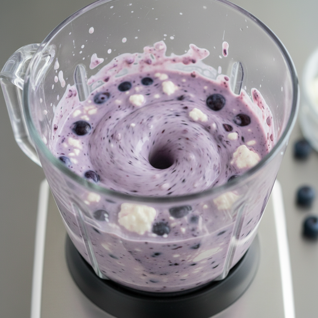 Blueberry cottage cheese mixture blending in blender
