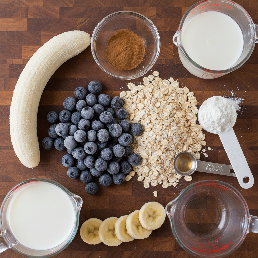 Ingredients laid out for Blueberry Muffin Protein Shake