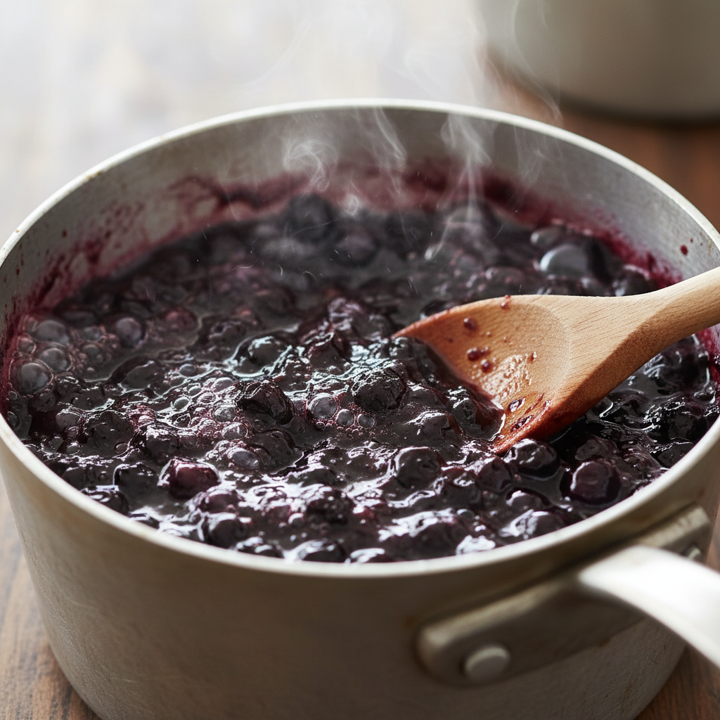 Blueberry compote cooking in saucepan