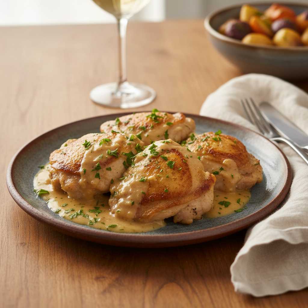 Plated Bobby Flay Chicken Thighs with Creamy Garlic Sauce Ready to Serve