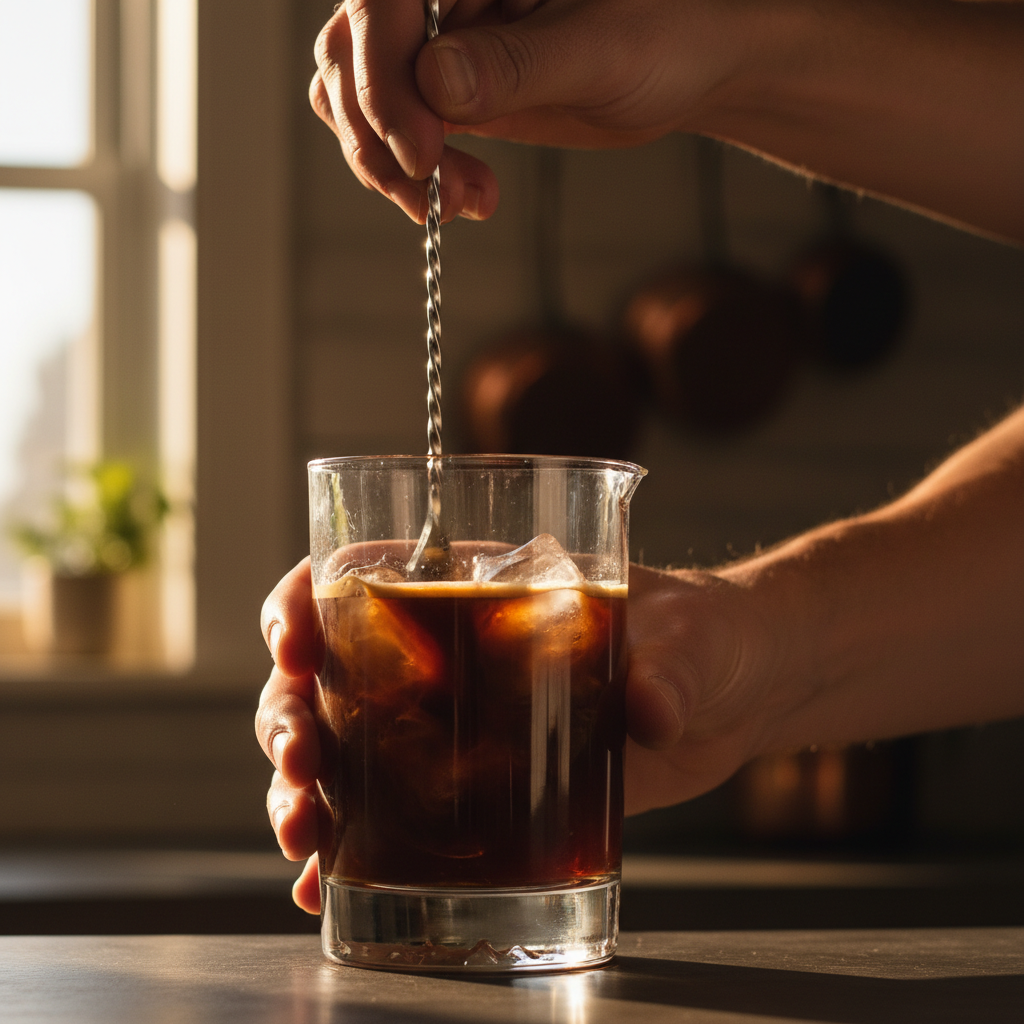 Mixing bourbon, espresso, syrup, and bitters in glass