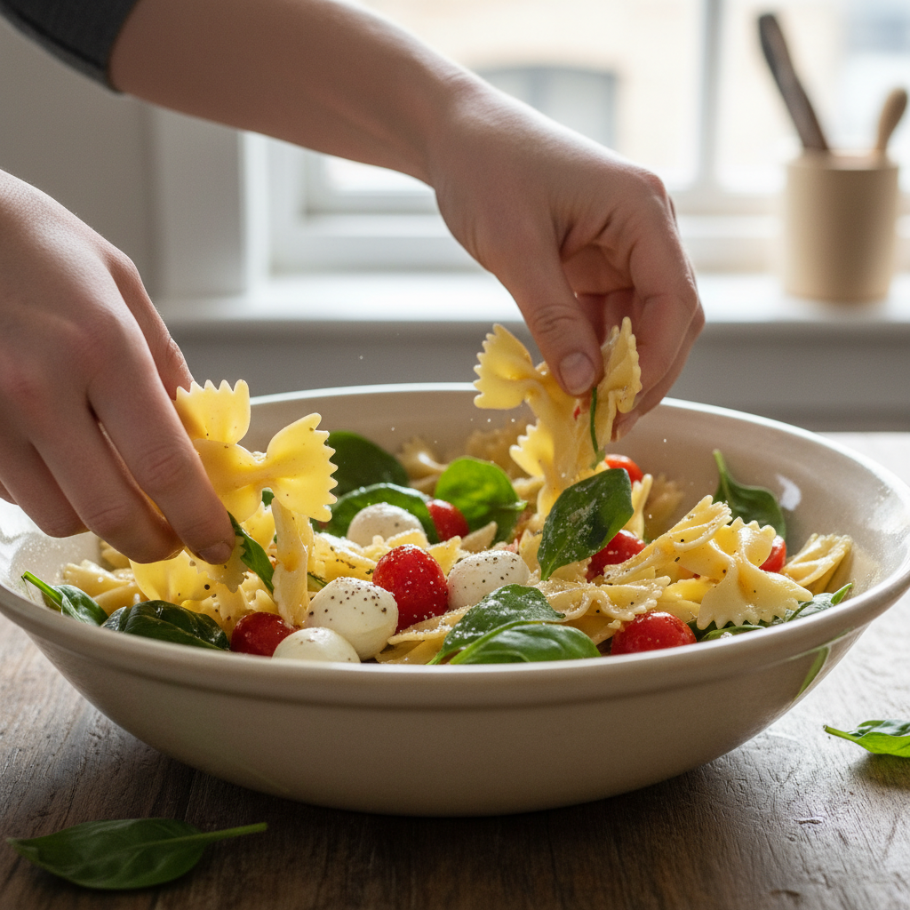 Mixing cooled bow tie pasta with chopped vegetables and dressing in a large bowl