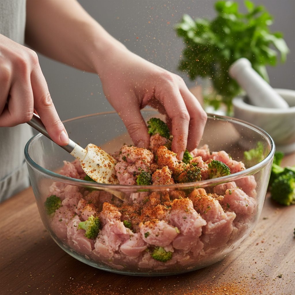 Mixing chicken and broccoli fritters ingredients
