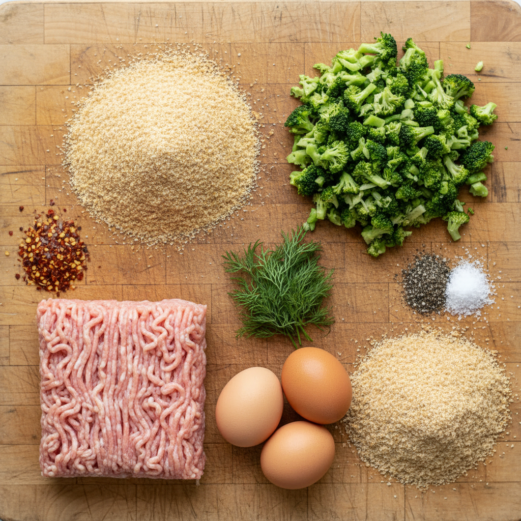 Ingredients laid out for broccoli chicken fritters