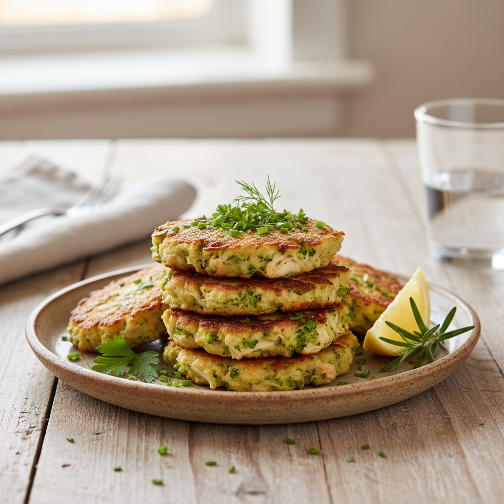 Finished broccoli chicken fritters plated with dipping sauce