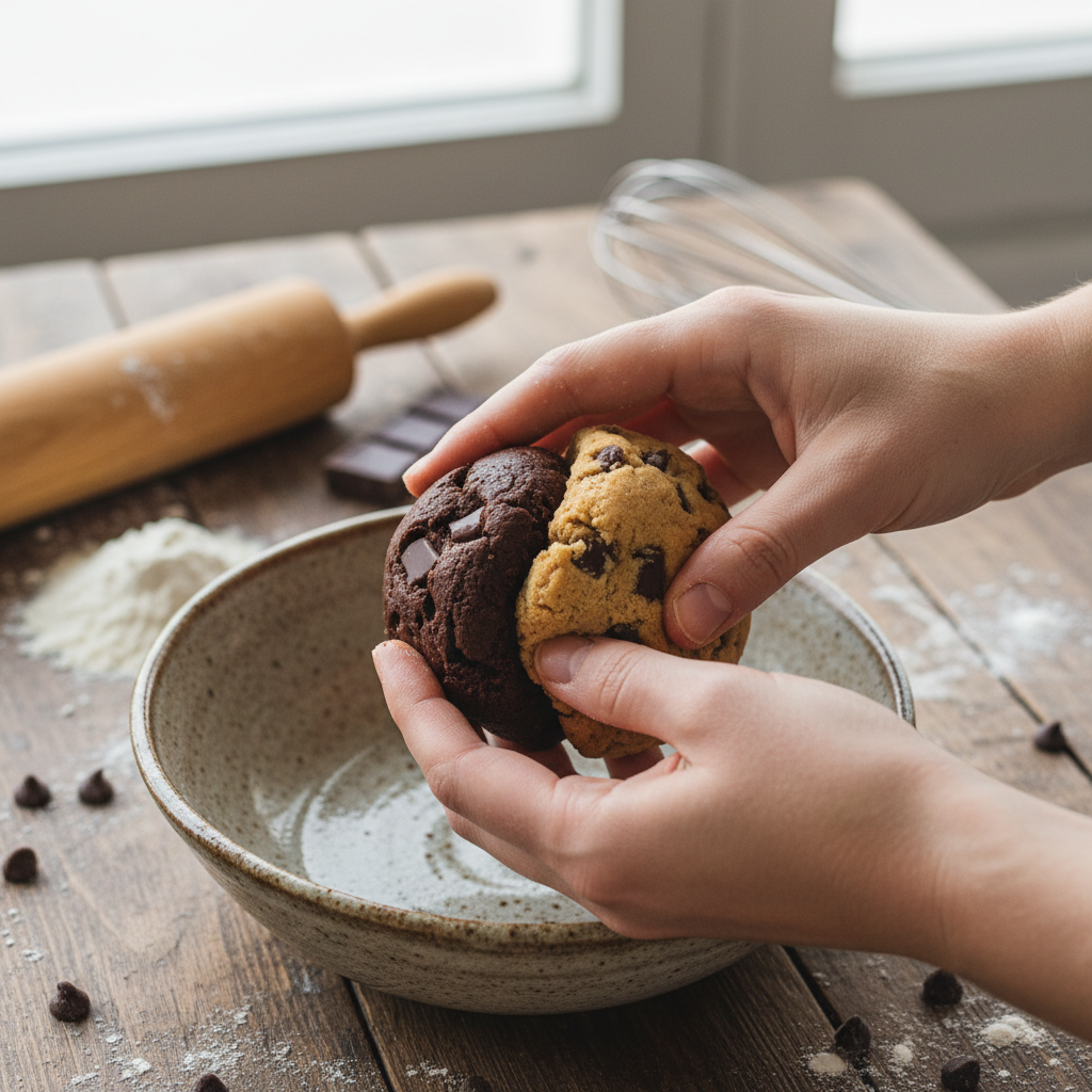 Forming brookie dough balls before baking
