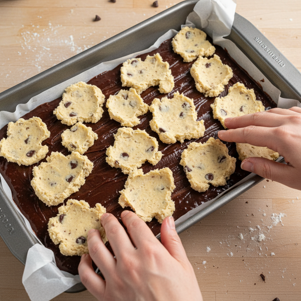 Layering brownie and cookie dough in the pan