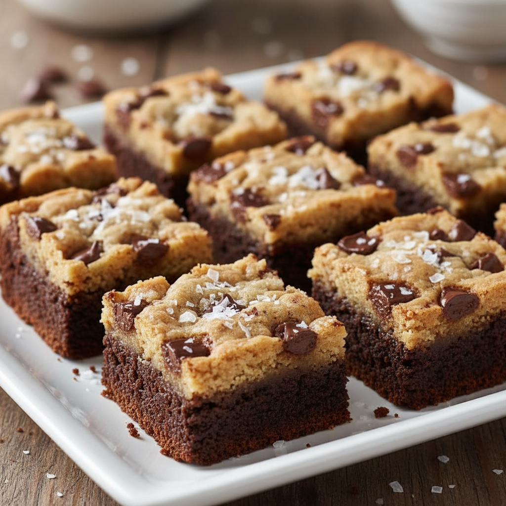 Freshly baked and sliced Brown Butter Brookies on a wire rack