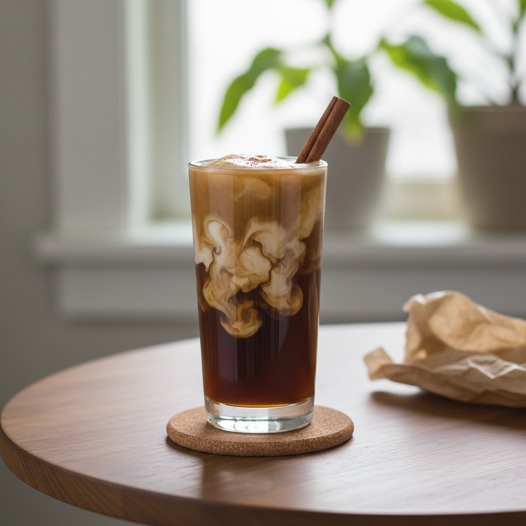 Brown Sugar Bourbon Cold Brew served in a glass with cinnamon stick