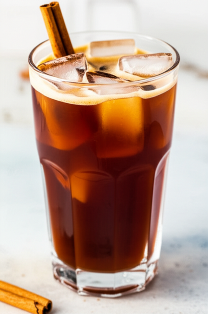 Brown Sugar Bourbon Cold Brew drink with ice and a cinnamon stick