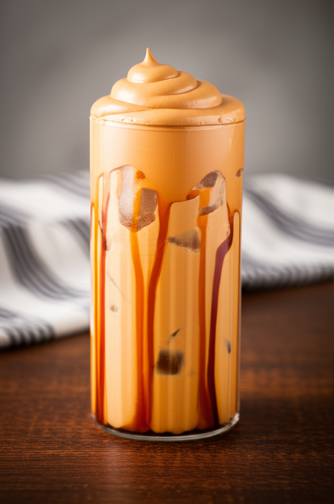 Brown Sugar Dalgona Milk Tea in a glass with layers