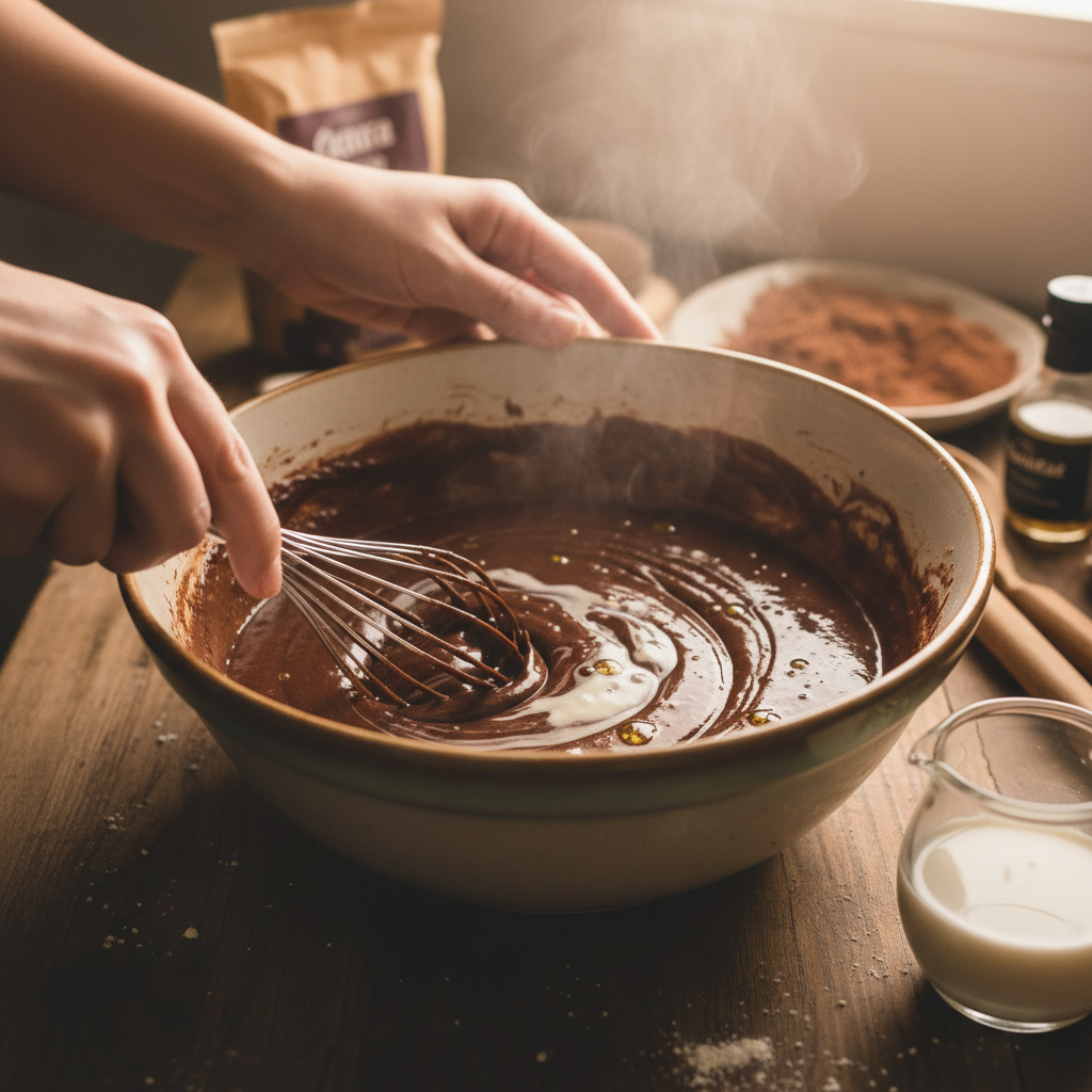 Chocolate buttermilk cake batter poured into pan