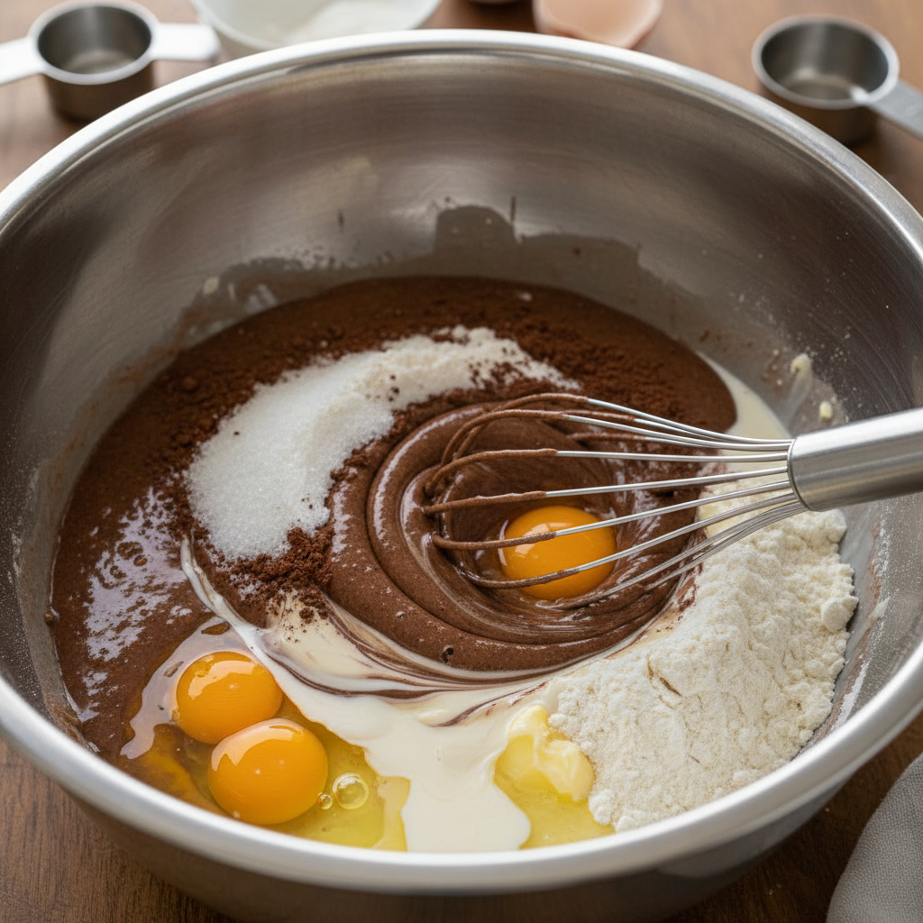 Mixing ingredients for chocolate buttermilk cake