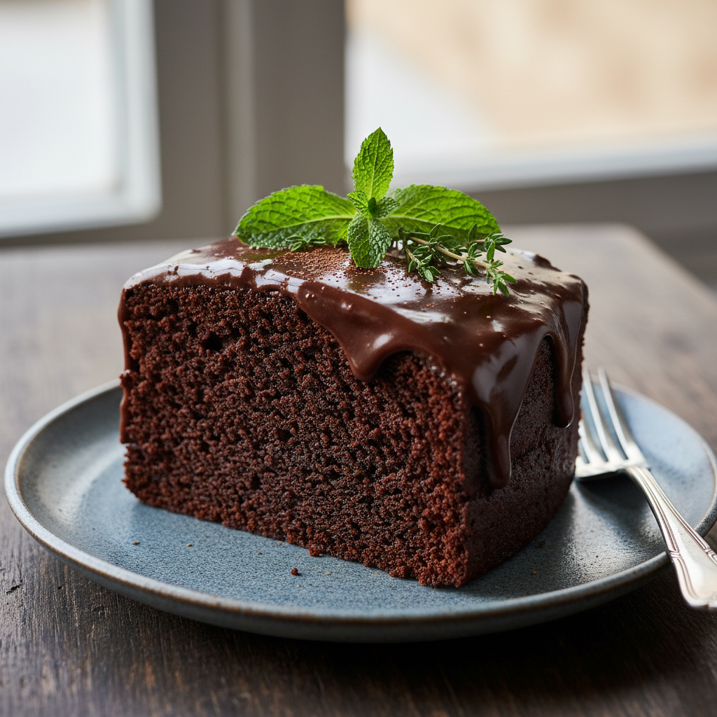 Chocolate cake with buttermilk frosting spread and sliced