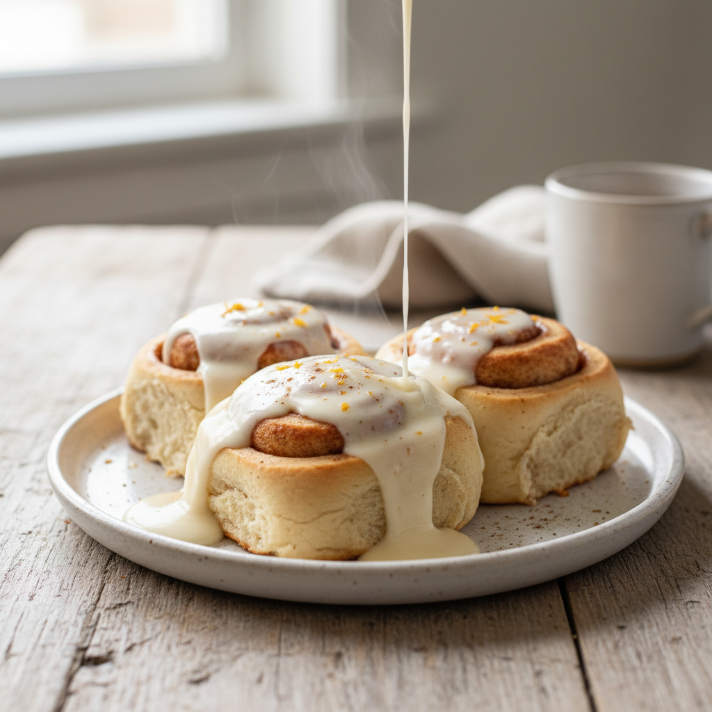Cream cheese frosting being spread on baked cinnamon rolls