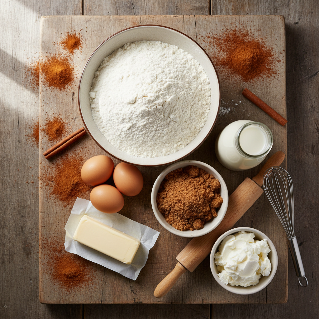Ingredients for buttermilk cinnamon rolls arranged on a kitchen counter