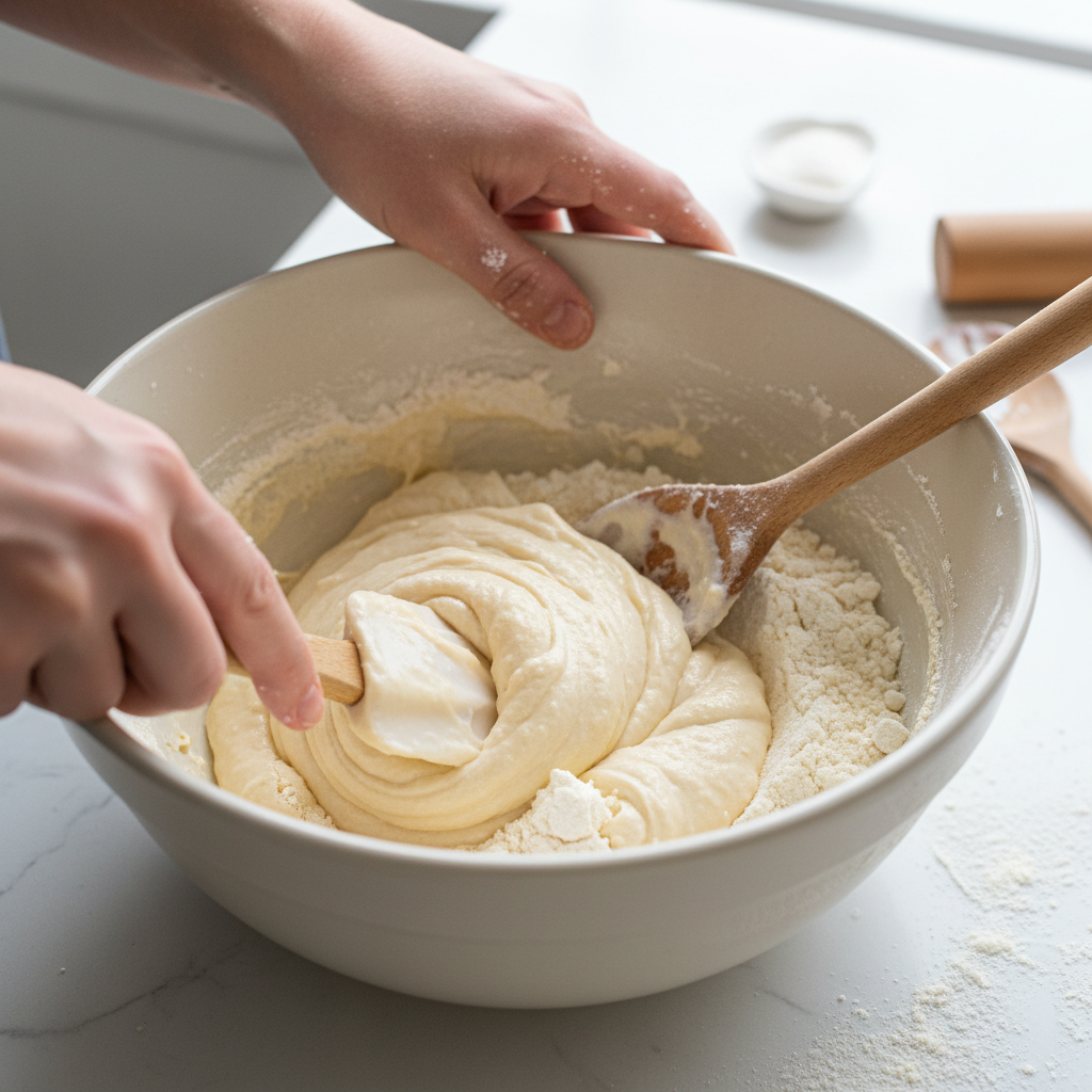 Mixing wet and dry ingredients for buttermilk pound cake batter
