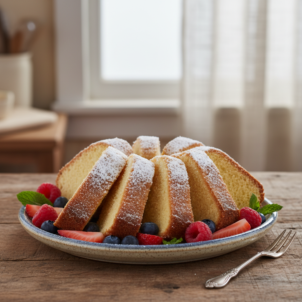 Serving suggestions with powdered sugar and fresh fruit on buttermilk pound cake