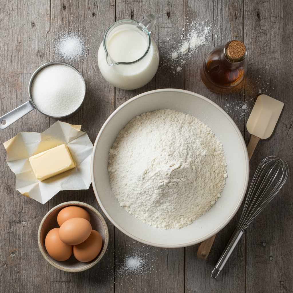 Ingredients for buttermilk pound cake, including flour, sugar, butter, eggs, vanilla, and buttermilk
