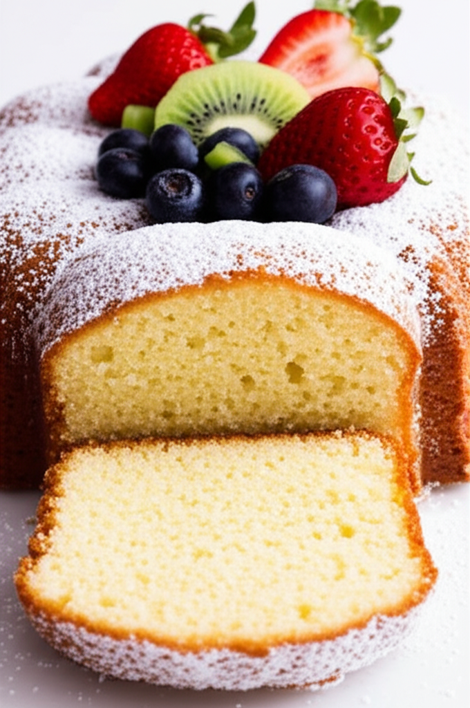 Buttermilk pound cake with powdered sugar and fresh fruit