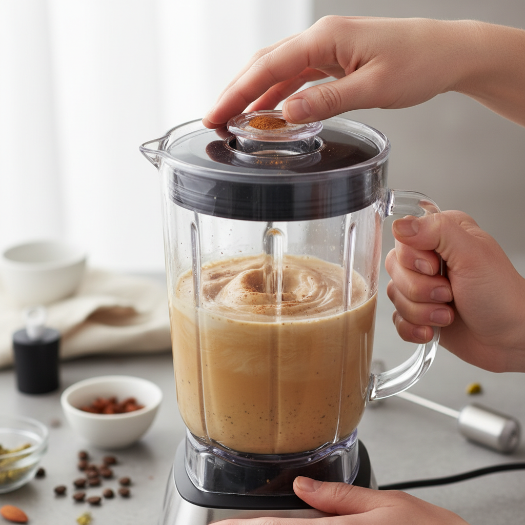 Blending ingredients for vegan protein coffee