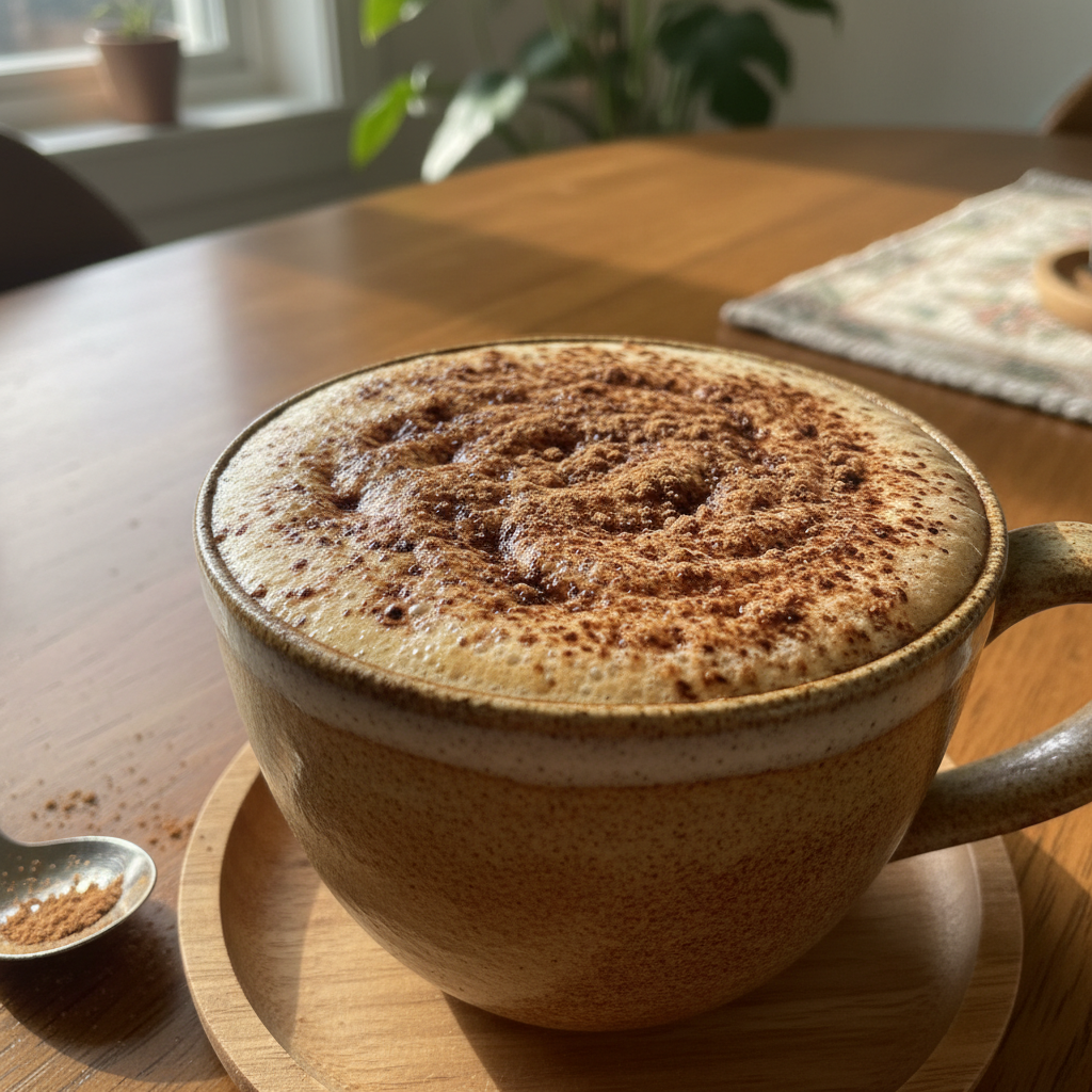 Vegan protein coffee served in mug