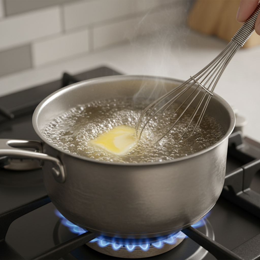 Butter melting in pot with syrup being whisked