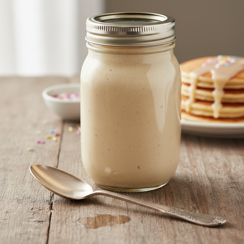 Bottled cake batter syrup with creamy texture