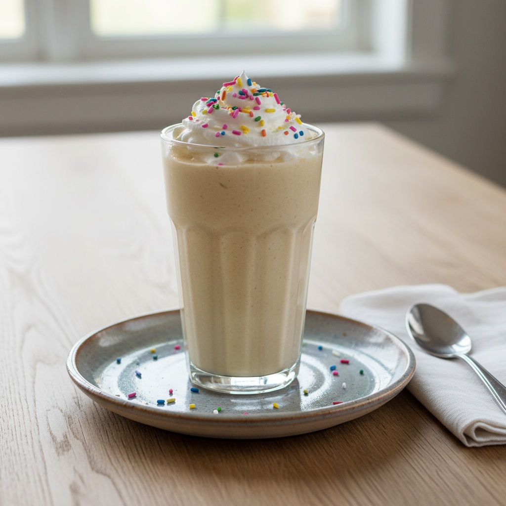 Final cake batter protein shake with whipped cream and sprinkles