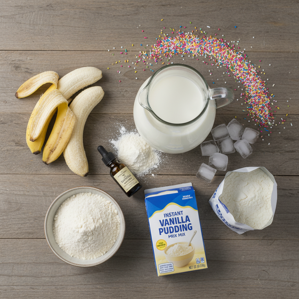Ingredients and toppings for cake batter protein shake