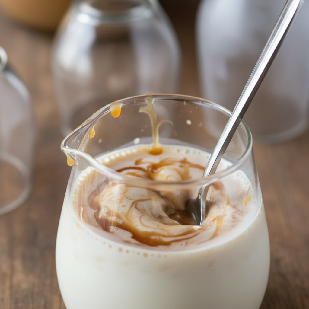 mixing almond milk with caramel and syrup