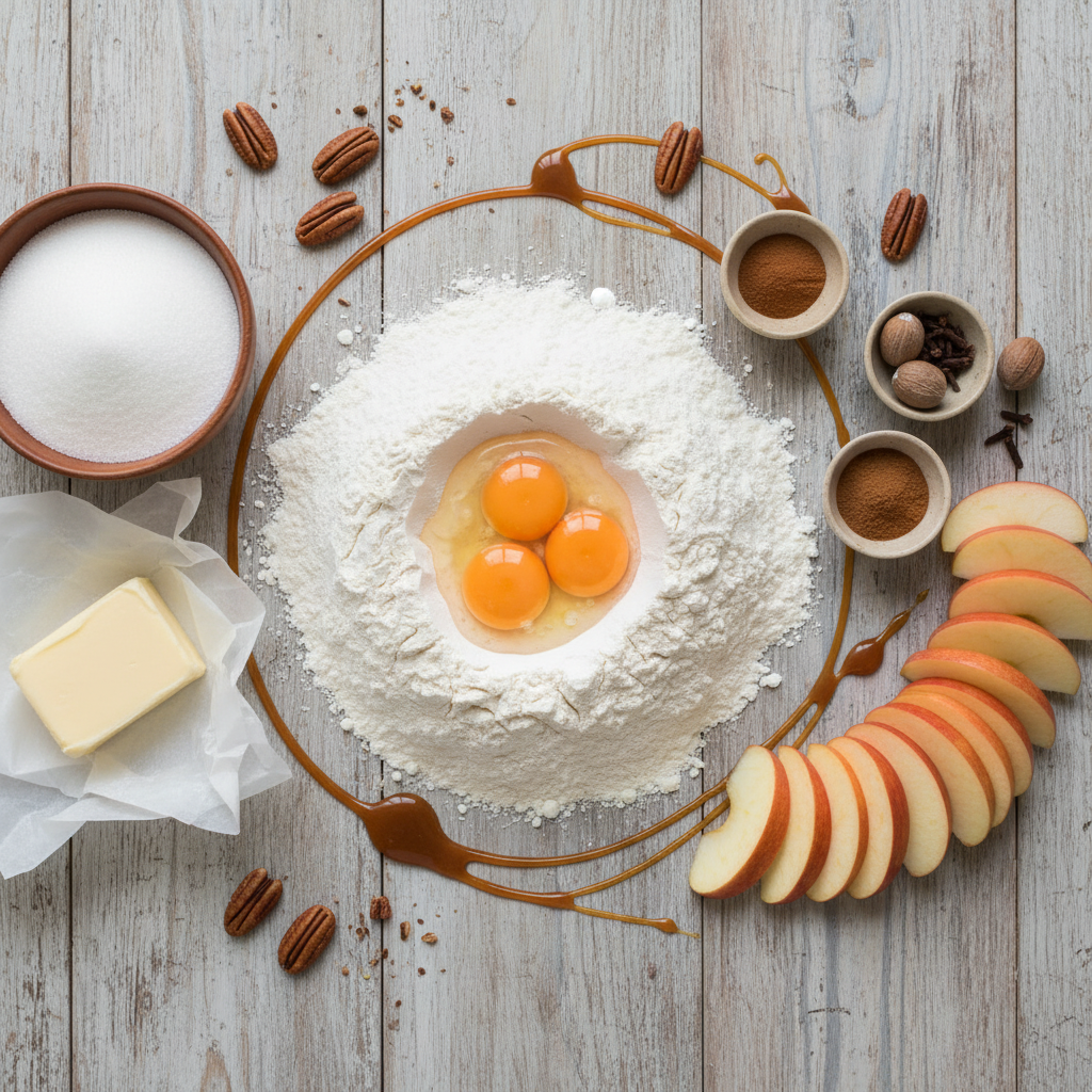 Ingredients laid out for caramel apple coffee cake recipe