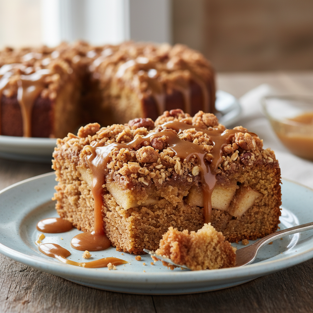 Slice of caramel apple coffee cake on a plate ready to serve