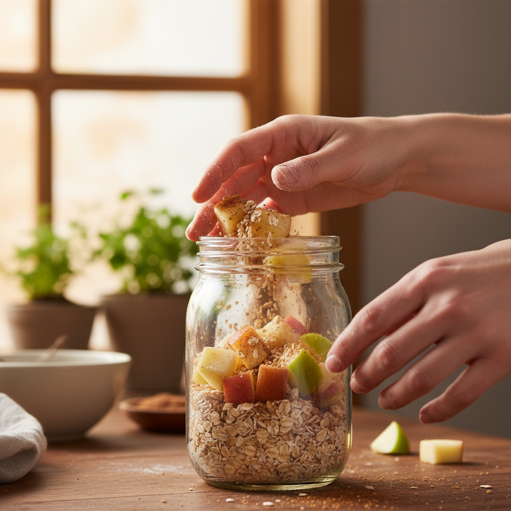 Oats base mixed in mason jar with diced apples