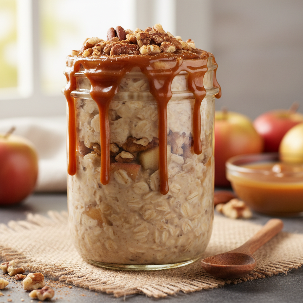 Finished caramel apple overnight oats with caramel drizzle and nuts