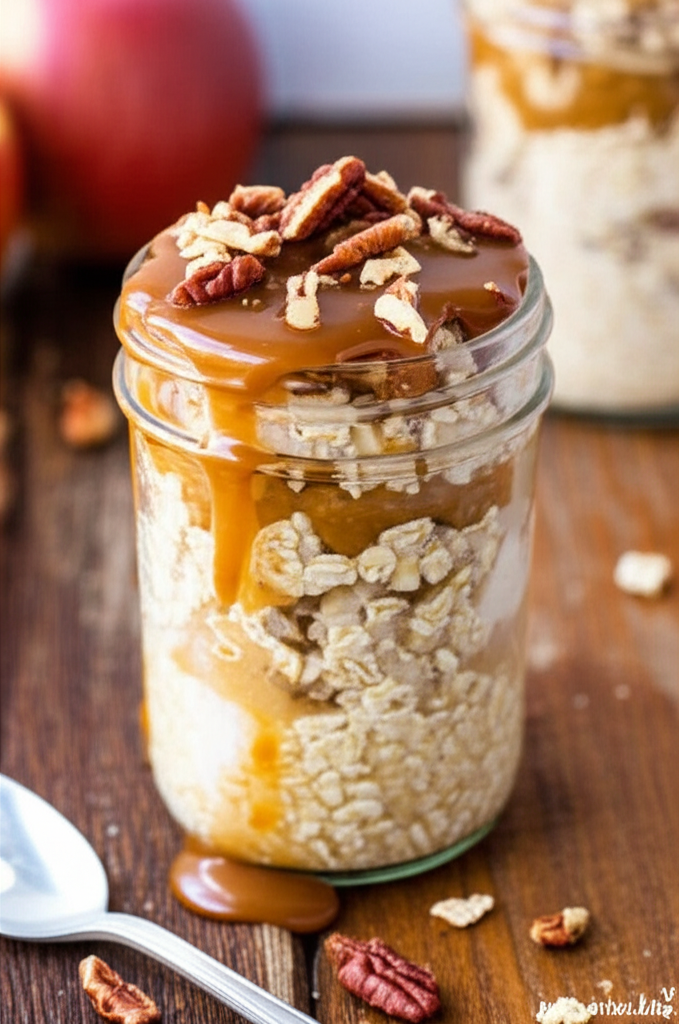 Jar of caramel apple overnight oats with cinnamon and nuts