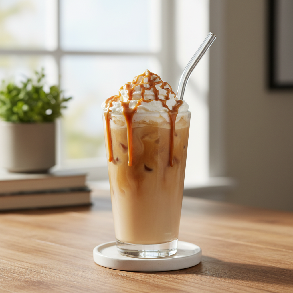 Freshly made Caramel Chai Iced Coffee ready to serve