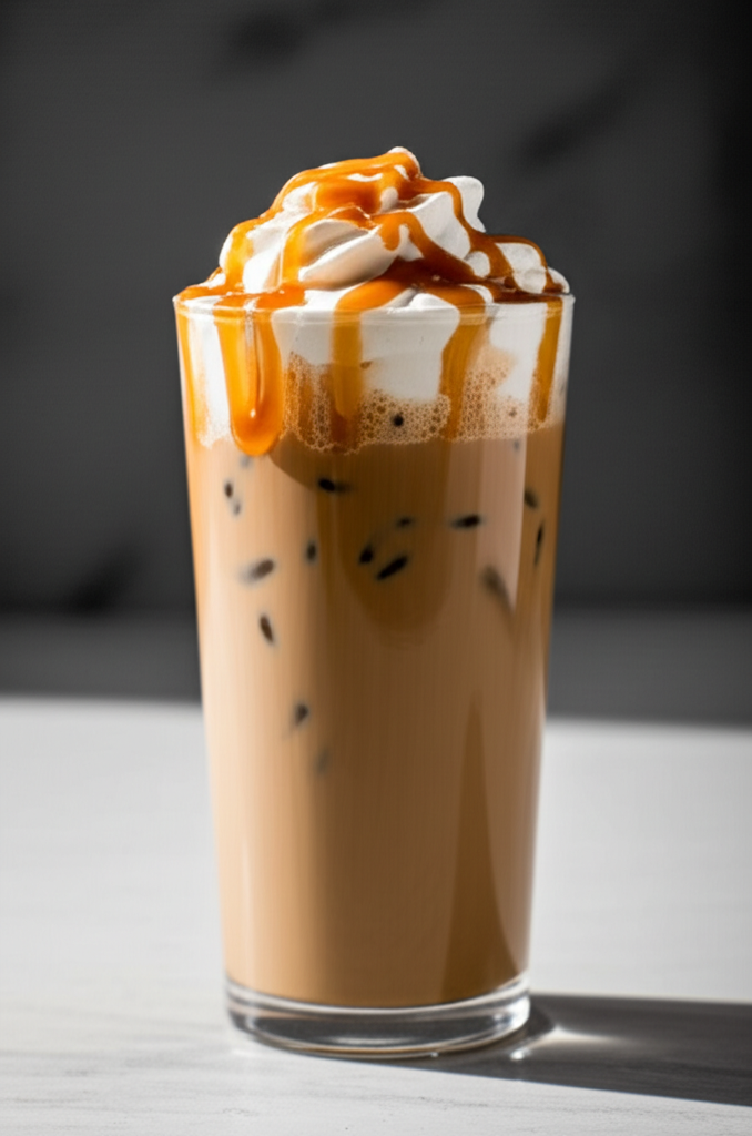 Caramel Chai Iced Coffee drink with caramel drizzle