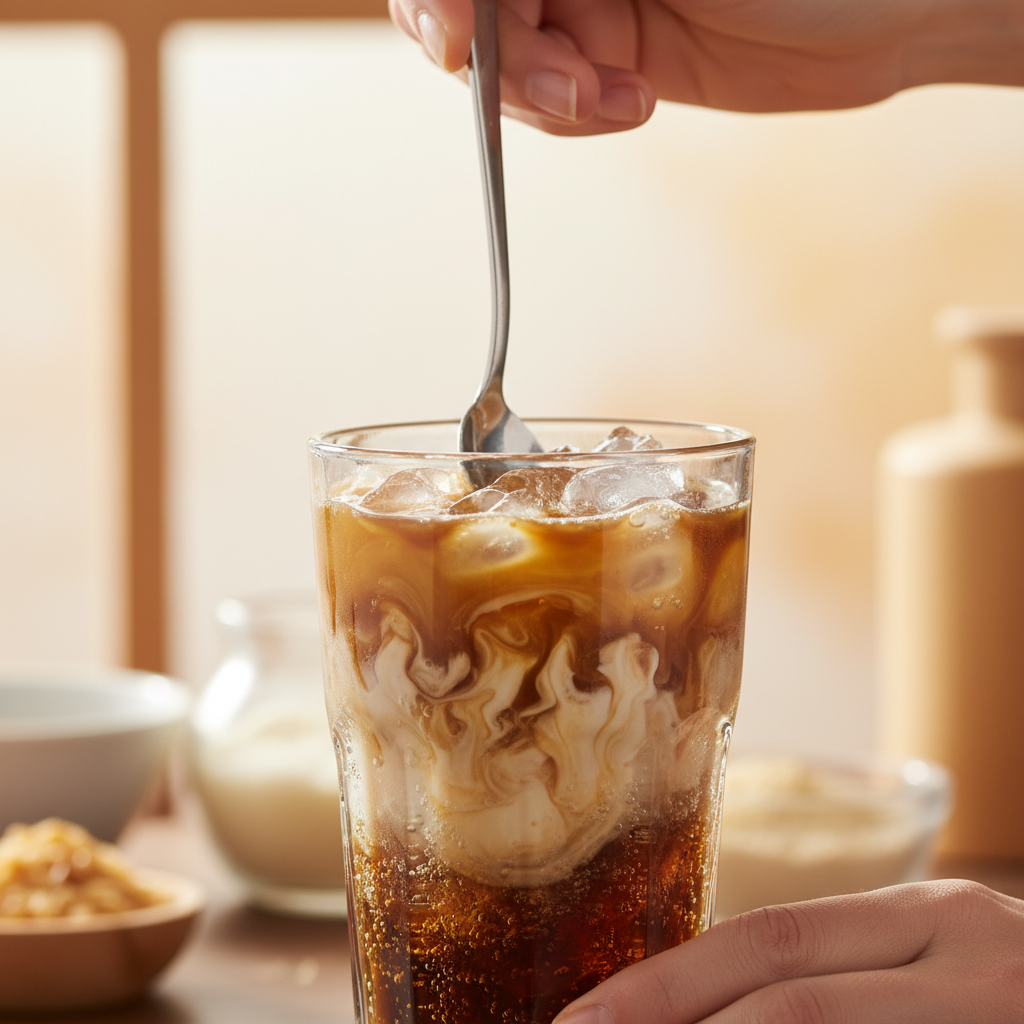 Stirring caramel soda gently in glass