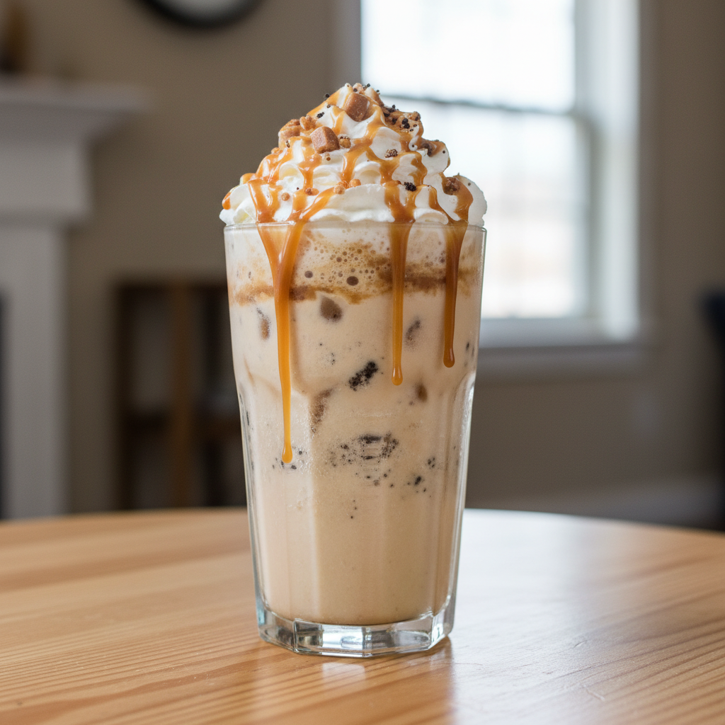 Caramel Chaos Dirty Soda topped with whipped cream and caramel drizzle