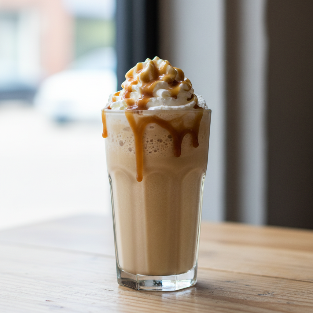 Caramel coffee freeze in a glass with toppings