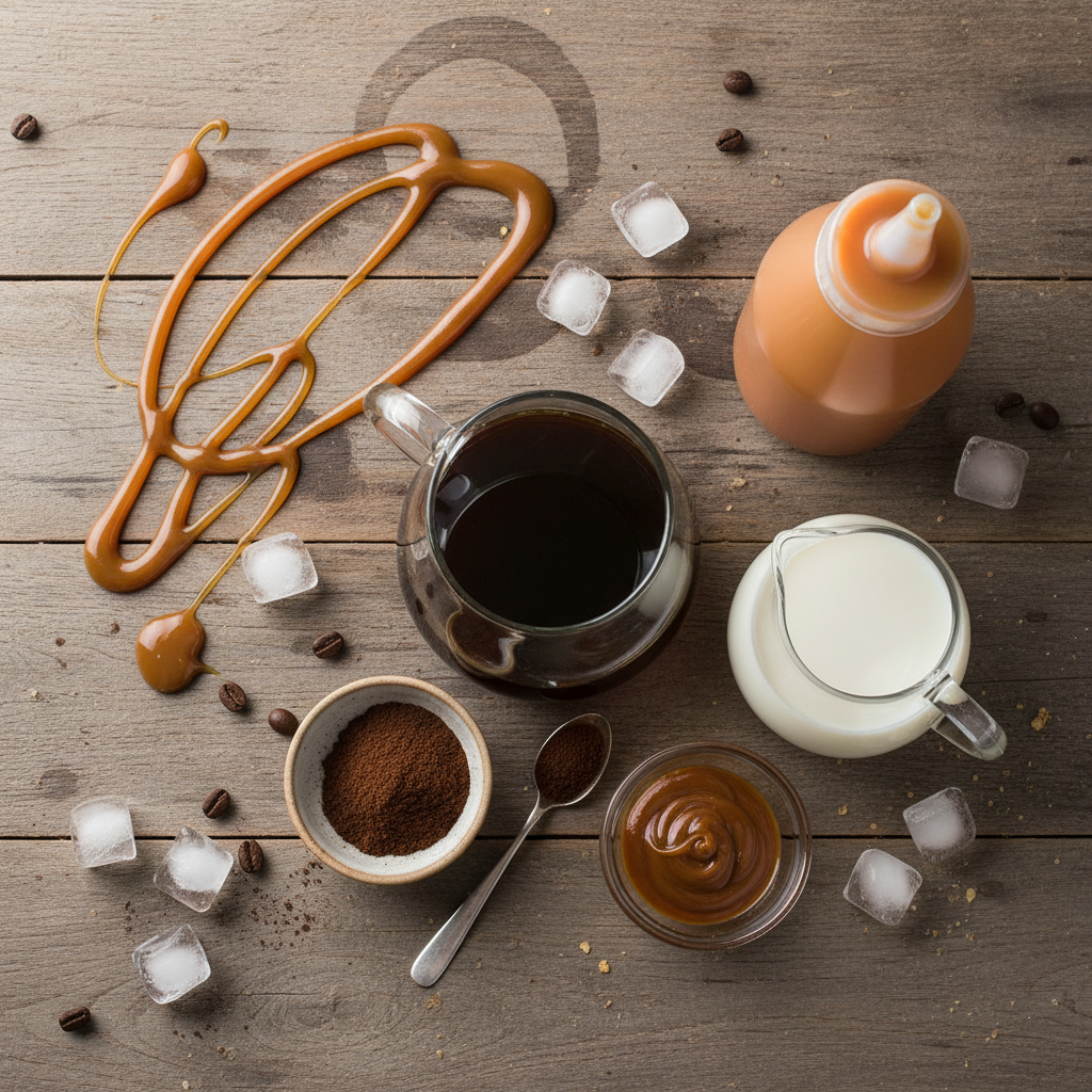 Ingredients to make caramel coffee freeze