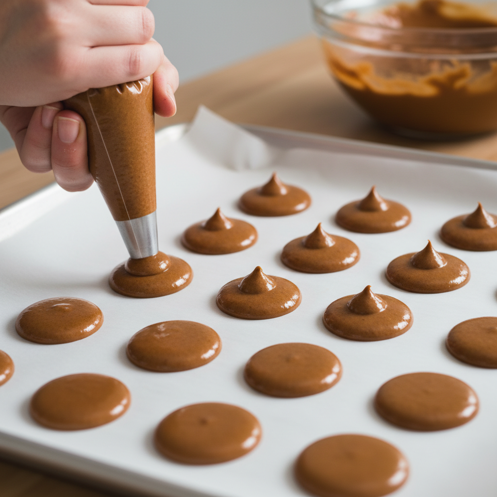 Piped macaron batter on baking sheet